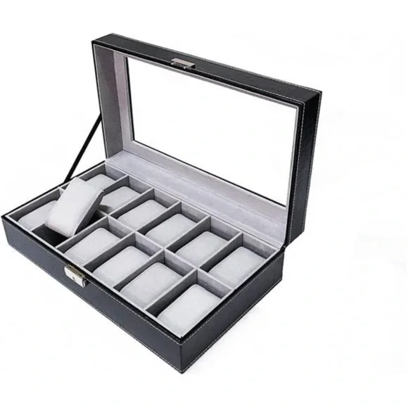 Watch Dislpay Box Organizer, Pu Leather with Glass Top, Large, Black solofficialkw.com